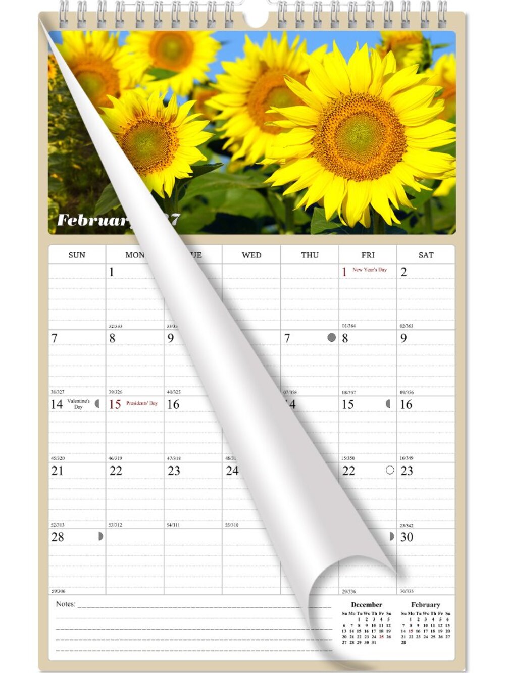 2027 Wall Calendar Spiral-bound Twin - 12 Months Planner 11" x 17" (Sunflowers)